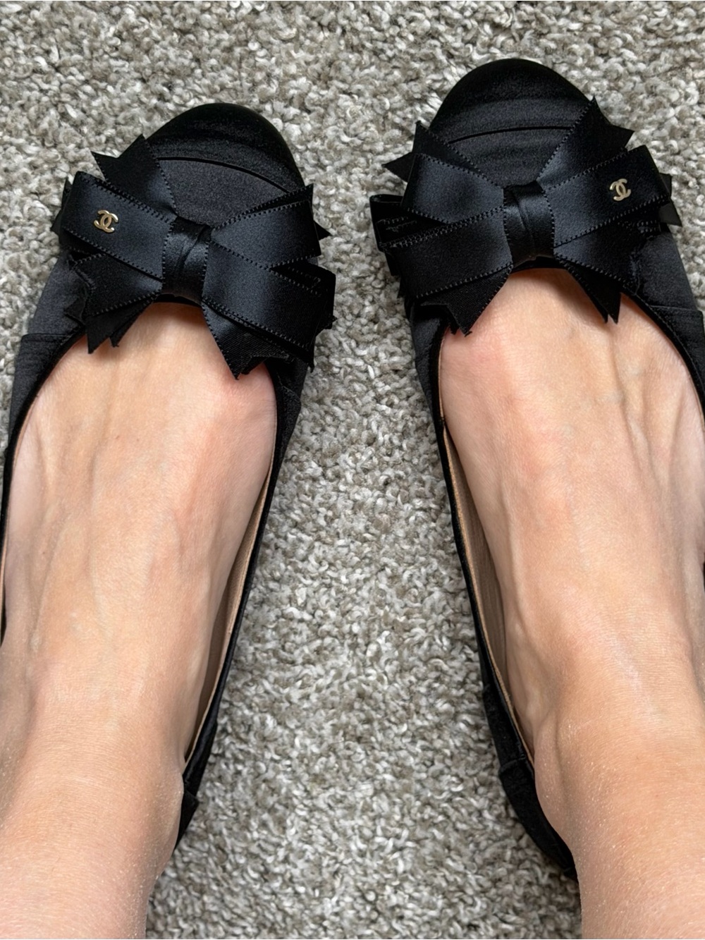 CHANEL Black Satin Peep-Toe Ballet Flats with Bow & Gold CC